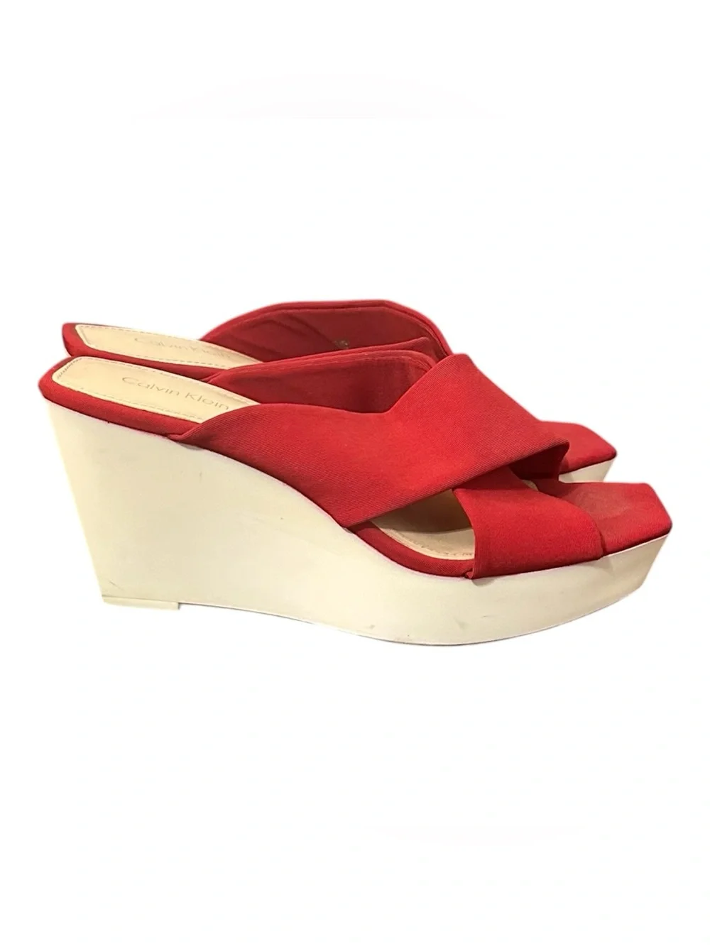 Calvin Klein Red Crisscross Open-Toe Slide Mules